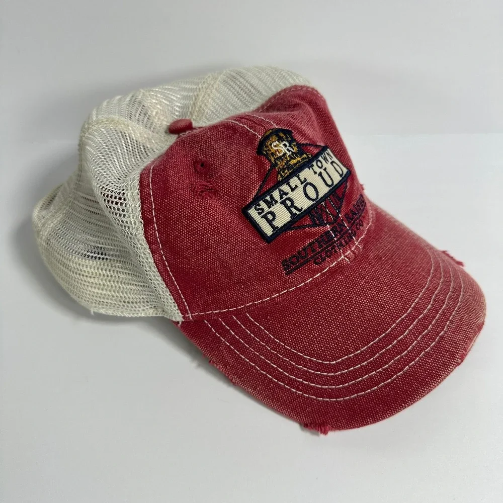 Southern Raised Small Town Proud Trucker Hat Red White Mesh Distressed‎ Kitsch